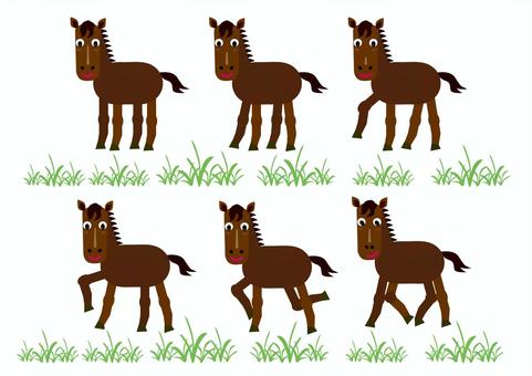 茶色の可愛い馬が歩く午年年賀状素材 馬,午年,干支,年賀状素材,イラストレーター,動物,茶色,可愛い,歩く,草のイラスト素材