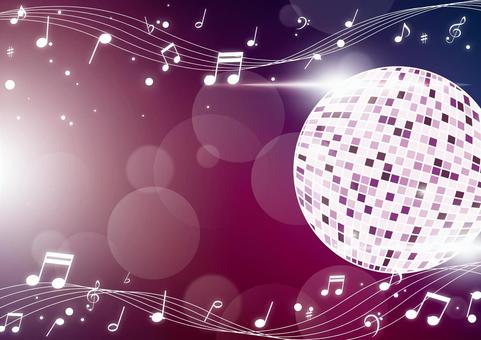紫色のミラーボールと踊るような音符 音楽,音符,記号,楽譜,ミラーボール,光,フレア,玉ボケ,紫色,背景のイラスト素材