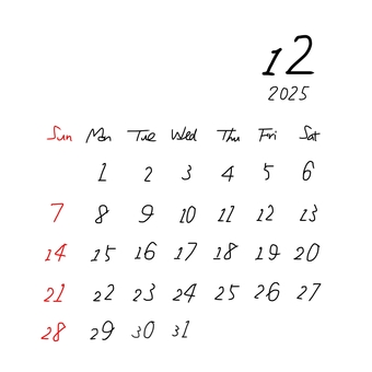 カレンダー2025.12月　祝日赤 カレンダー,2025,12,12月,ひと月,日曜始まり,シンプル,手描き,大晦日,晦日のイラスト素材