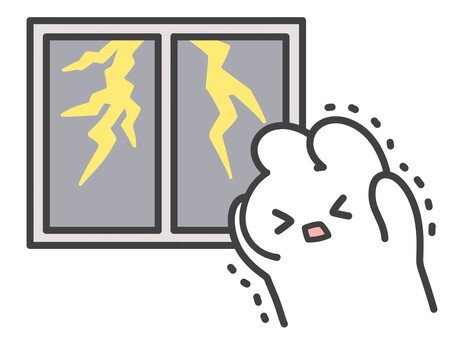 雷に怯えるうさぎの手書きイラスト うさぎ,雷,怖い,怯える,震える,恐怖,雷雨,雷鳴,落雷,雷が怖いのイラスト素材
