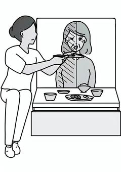 麻痺側から食事介助　ベッド上白黒 麻痺,脳梗塞,危険,食事介助,看護師,介護,患者,おばあさん,女性,高齢者のイラスト素材
