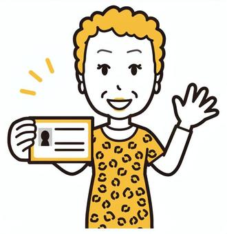  大阪のおばちゃん(黄)-237-バスト 免許証,おばちゃん,大阪,ヒョウ柄,おばはん,中年,女性,関西,派手,おばさんのイラスト素材