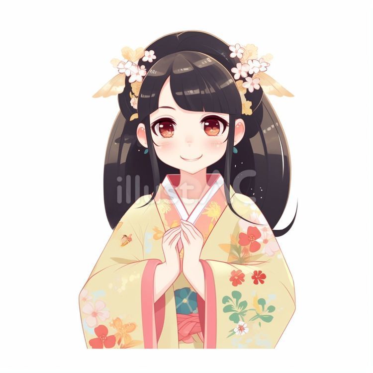 花柄模様の着物を着た日本のかわいい女の子 女の子,かわいい,花柄のイラスト素材