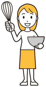  ロングヘア女性(黄)-475-全身 ホイッパー,女性,女の子,人物,かわいい,泡だて器,若い,挿絵,素材,無料のイラスト素材