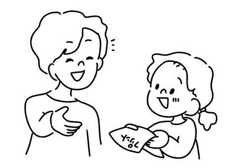 	プリントを保護者に渡す子ども白黒 子供,保護者,母親,プリント,手渡し,笑顔,気づく,長袖,ショートカット,提出のイラスト素材