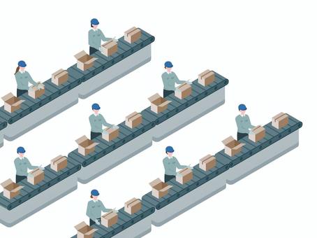 アイソメトリック_工場_ベルトコンベア アイソメトリック,立体,アイソメ,斜め上,工場,梱包,作業員,段ボール,ライン作業,手作業のイラスト素材