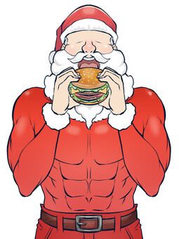 マッチョなサンタがハンバーガーを食べる クリスマス,ハンバーガー,サンタクロース,筋肉,サンタ,サンタ帽子,肉体,クリスマスパーティー,マッチョ,ジャンクフードのイラスト素材