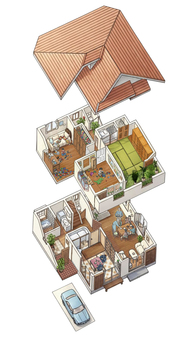 二階建て住宅分解図　パース 二階建,住宅,パース,玄関,駐車場,居間,リビング,キッチン,応接間,子供部屋のイラスト素材