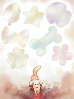 ここ掘れワンワンの寄せがき 犬,寄せ書き,フレーム,手描き,リボン,星,きのこ,クローバー,お花,どんぐりのイラスト素材