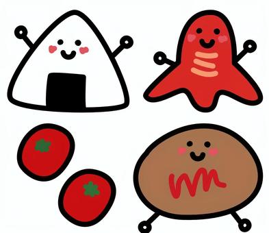 お弁当の具の手描きイラスト お弁当,キャラクター,笑顔,おいしい,素材,おにぎり,ウインナー,ミニトマト,ハンバーグ,かわいいのイラスト素材
