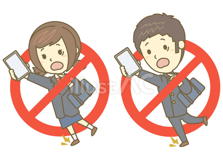歩きスマホ禁止の中学生 女子,男子,中学生のイラスト素材
