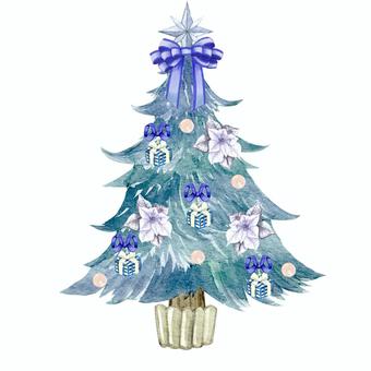 【水彩】クリスマスツリー4 ツリー,モミの樹,モミノキ,クリスマスツリー,シルバー,銀,プレゼント,贈り物,ポインセチア,リボンのイラスト素材
