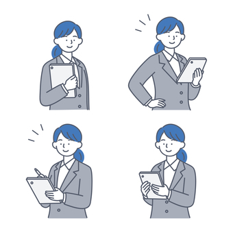 タブレットで作業する女性のイラストセット 人物,ビジネス,女性,スーツ,タブレット,ガジェット,デジタル,メモ,資料,仕事のイラスト素材