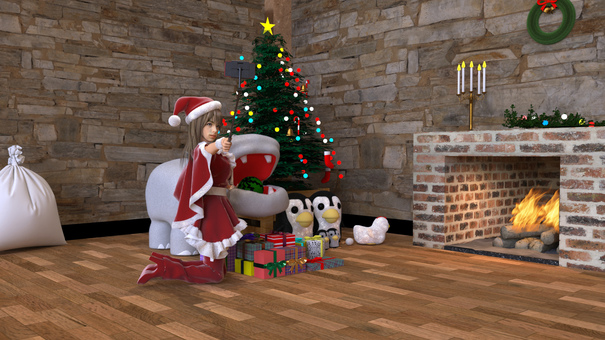 クリスマス2-1 サンタ,暖炉,ツリーのイラスト素材