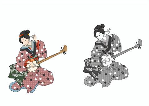 三味線と女性（模様） 女性,江戸時代,時代劇,三味線,楽器,人物のイラスト素材