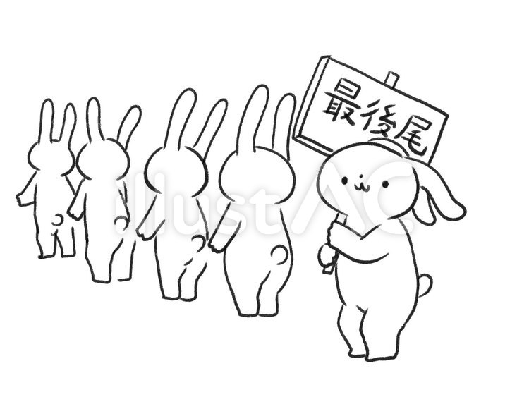 【白黒】行列に並ぶうさぎさん【線画】 行列,最後尾,うさぎのイラスト素材