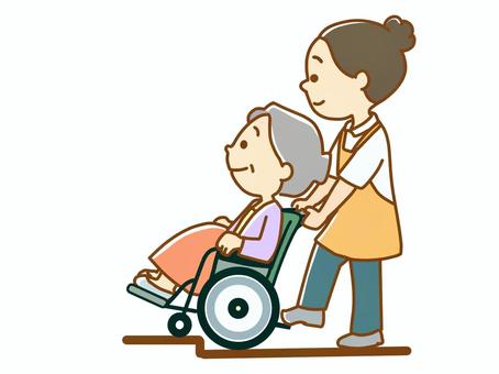 車いすで段差を上がる 高齢者,介護,車いす,福祉,介護士,ヘルパー,デフォルメ,日本人,外出,段差のイラスト素材