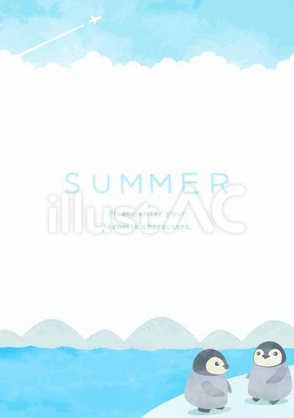 夏空と可愛いペンギン達のいる風景イラスト