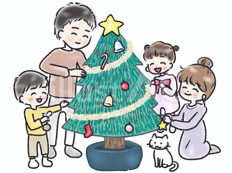 家族でクリスマスの飾りつけ 家族,クリスマス,飾りつけのイラスト素材