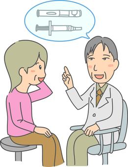 患者の頭痛と処方薬と担当医 患者,医師,担当医,病院,通院,相談,頭痛,片頭痛,治療,処方薬のイラスト素材
