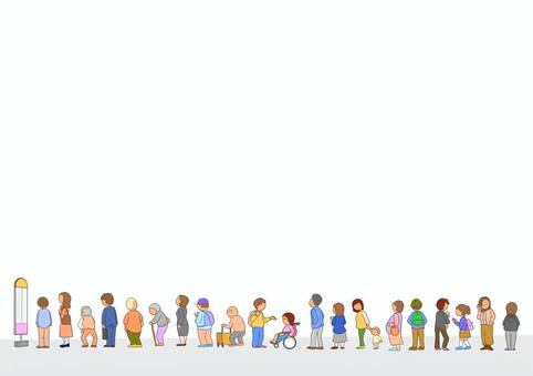バス停行列ポストカード バス停,行列,人物,老若男女,フレーム,ポストカード,高齢者,若者,障害者のイラスト素材
