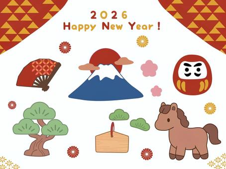 お正月イラストアイコンセット お正月,年賀状,元旦,扇子,富士山,ダルマ,松の木,松の葉,絵馬,干支のイラスト素材