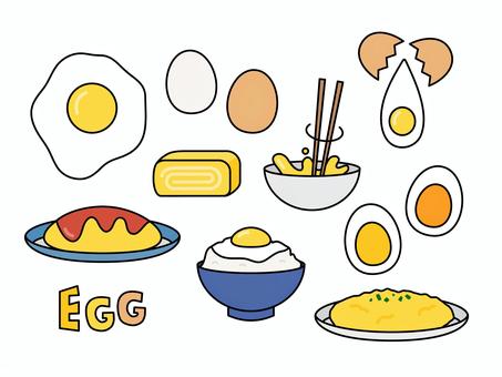 卵・卵料理イラストセット 卵,卵料理,目玉焼き,ゆで卵,オムライス,オムレツ,スクランブルエッグ,卵かけご飯,だし巻き卵,卵焼きのイラスト素材