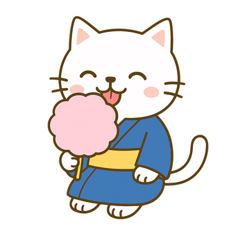 浴衣で綿あめを食べているネコ