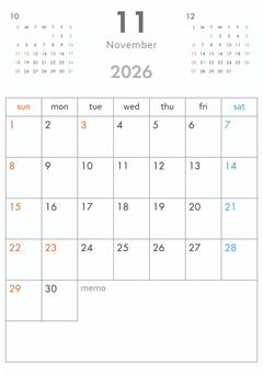 2026年11月カレンダー-縦 カレンダー,2026年,2026,1か月,3か月,令和8年,暦,日曜始まり,祝祭日,祝日のイラスト素材