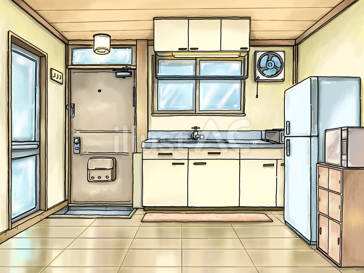 古いアパート　玄関台所 背景,風景,手書きのイラスト素材