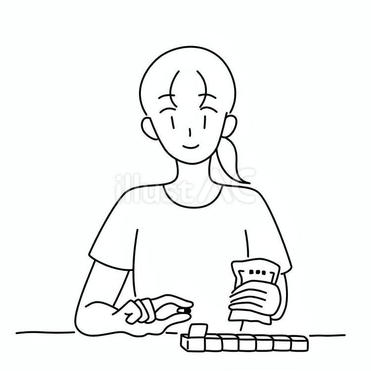 薬を仕分ける女の人 女性,女の子,ゆるいのイラスト素材