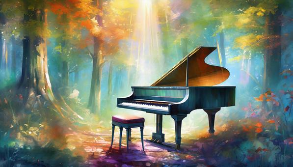 forest and piano, piano, woods, beautiful, JPG