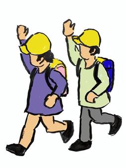 こどもの通学 子供たち,通学,手,上げる,歩行,鞄,安全帽子のイラスト素材