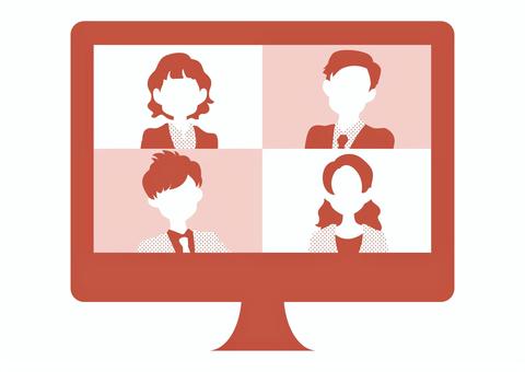 リモート会議の赤色シルエットアイコン ビジネス,リモート会議,オンライン会議,インターネット,ウェブ,女性,男性,上半身,アイコン,顔なしのイラスト素材