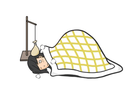 病気で熱を出し布団で寝ている女性 病気,熱,発熱,手描き,布団,寝る,女性,睡眠,不調,疾病のイラスト素材