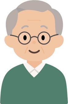 眼鏡をかけた笑顔のおじいさんのイラスト おじいさん,シニア,男性,眼鏡,高齢者,年配,笑顔,丸眼鏡,グレーヘア,緑の服のイラスト素材