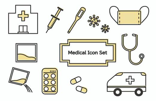 黄色いメディカルアイコンセット 医療,病院,薬,聴診器,アイコン,注射,セット,体温計,マスク,救急車のイラスト素材