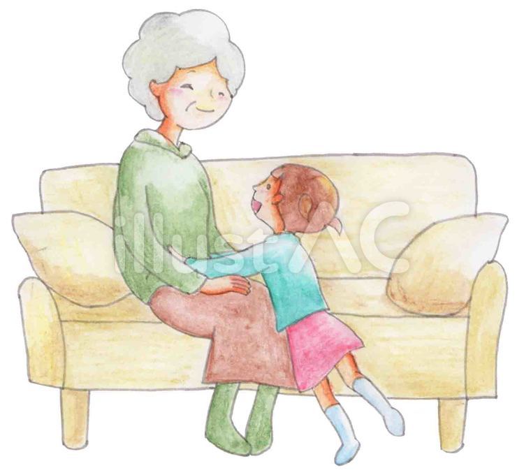 ソファーに座るおばあさんと女の子  敬老の日,孫,ソファのイラスト素材