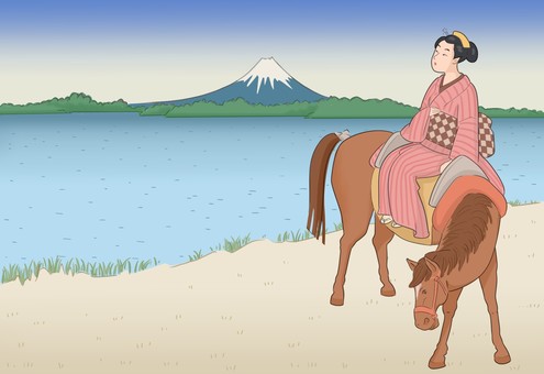 馬に乗った着物の女性が富士山を見る 馬,富士山,江戸時代,着物,観光,乗る,午,年賀状のイラスト素材