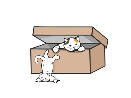 段ボールから出てくる動物の猫(ネコ) 猫,動物,生き物,箱,警戒,段ボール,ペット,かわいい,三毛猫,愛くるしいのイラスト素材