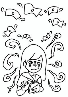 課金中毒の女子学生　線画 課金,中毒,依存症,学生,女子,セーラー服,子供,スマホ,線画のイラスト素材