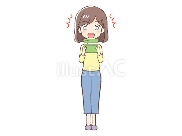 黄色い服を着た女性が通帳を見て驚く 女,私服,驚くのイラスト素材