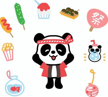 法被を着たパンダとお祭り小物セット パンダ,祭り,はっぴ,かき氷,子ども,かわいい,動物,屋台,うちわ,はちまきのイラスト素材