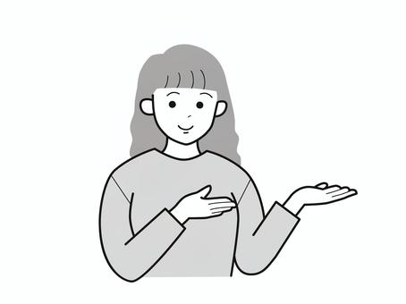 両手でどうぞとする若い女性2／白黒 上半身,長袖,両手,どうぞ,お勧め,女性,お母さん,ママ,学生,社会人のイラスト素材