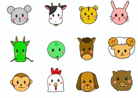 十二支全員集合１ 十二支,年賀状,ねすみ,牛,卯,寅,辰,巳,午,未のイラスト素材