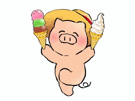アイスを持って喜ぶブタさん アイスを持って喜ぶブタさん ブタ,動物,麦わらのイラスト素材