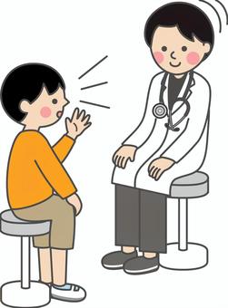 椅子に座り対面で話す男の子と頷く男性医師 男の子,全身,話す,説明,相談,悩み,カウンセリング,身振り,手振り,男性のイラスト素材