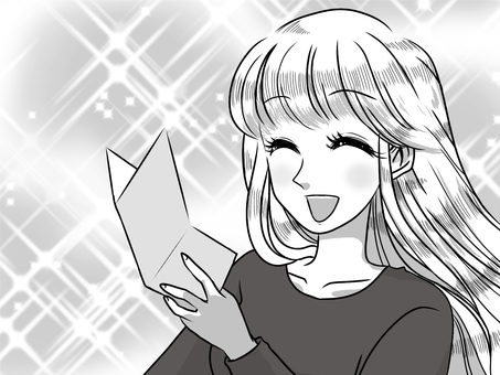 少女漫画 書類を持つ笑顔の女性 輝き モノクロ,女性,漫画,レトロ,少女漫画,表情,ロングヘア,輝き,笑顔のイラスト素材