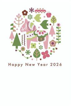 2026午年賀状149ダーラナホース縦3 午,ダーラナホース,年賀,正月,はがき,年賀状,午年,2026,文字,北欧風のイラスト素材