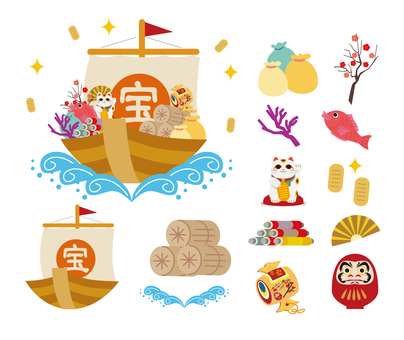 宝船のイラストセット 宝船,縁起物,波,海,船,乗り物,イラスト,宝物,幸運,米のイラスト素材
